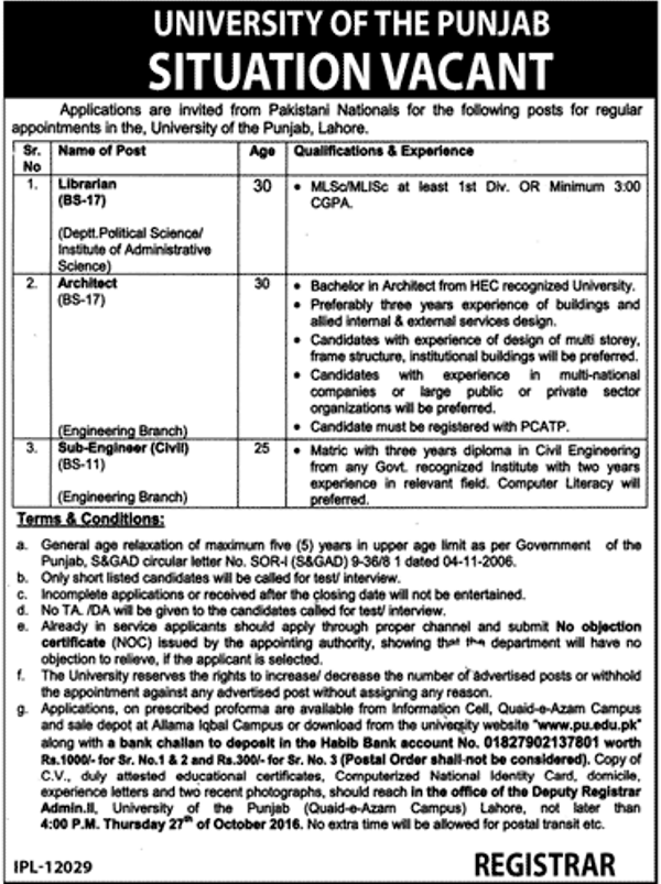 university-of-the-punjab-lahore-jobs-for-librarian-sub-engineer-others-2016