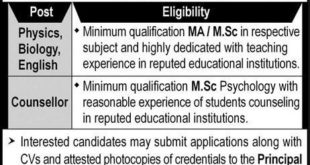 Army Public School & College Gujranwala Jobs 2018 for Teaching Staff and Counselor Latest Advertisement