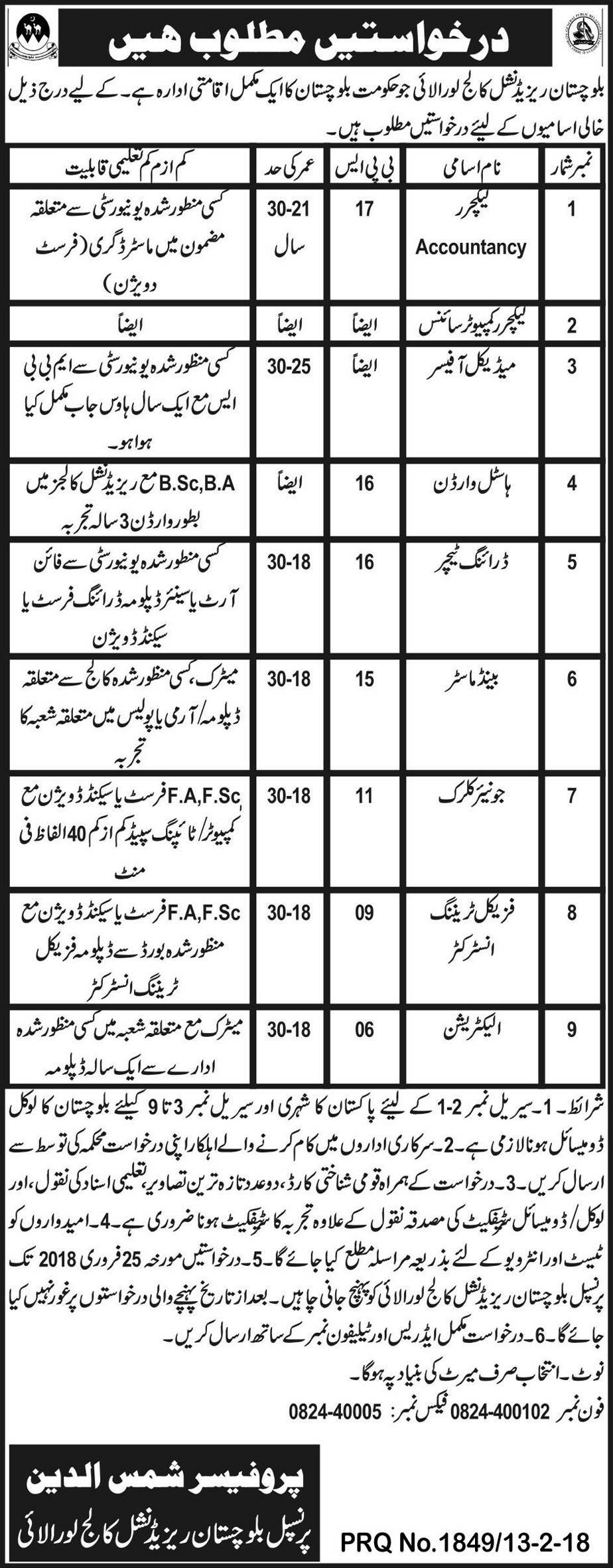 Balochistan Residential College Loralai Jobs 2018 for Admin, Medical, Technical & Teaching Staff Latest