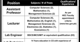 Barani Institute of Sciences Jobs 2018 for Lab Engineer, Technician and Teaching Faculty Latest Advertisement