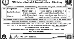 CMH Lahore Jobs 2018 for Teaching & Library Staff Advertisement - Apply