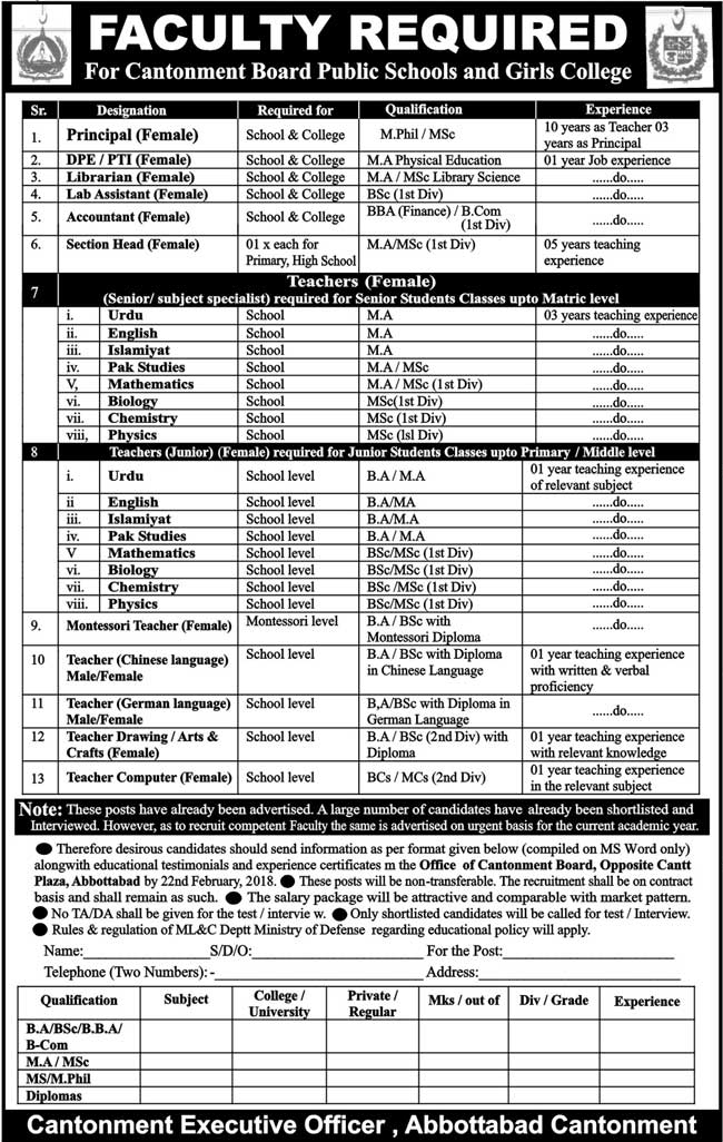 Cantonment Board Public Schools & Girls College Jobs (Abbottabad) Jobs 2018 Teaching & Non-Teaching Staff Latest Advertisement