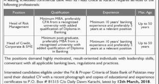 Commercial Bank Karachi Jobs 2018 for Head Of Risk Management And Head Of Credit Corporate & SME Post Latest Advertisement