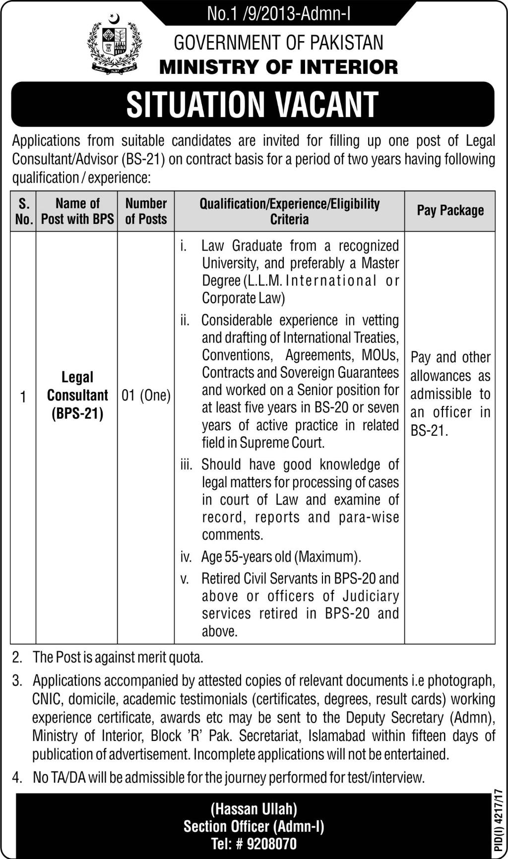 Ministry Of Interior Government Of Pakistan Jobs 2018 Apply