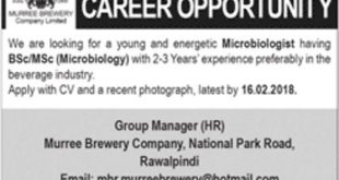 Murree Brewery Company Ltd Jobs 2018 for Microbiologist Latest Advertisement