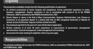 PEMRA Jobs 2018 for Chairman Post Latest Advertisement