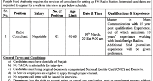 Punjab Food Authority (PFA) Jobs 2018 for Radio Consultant and Driver Posts Advertisement