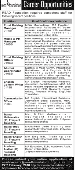 READ Foundation NGO Jobs 2018 for Trainers, Managers, MediaPR, Coordinators, Writers & Other Staff Latest Advertisement