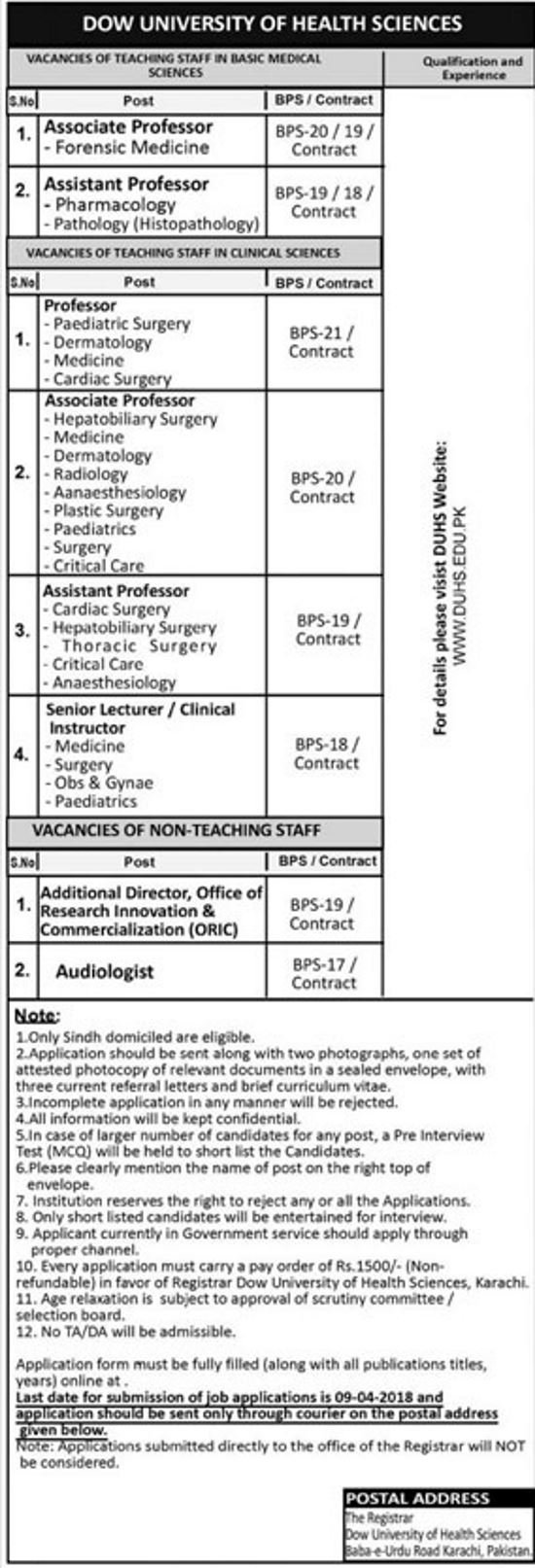  Advertisement of DOW University of Health Sciences (DUHS) Jobs 2018 for Teaching & Non-Teaching Staff Latest