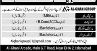 Al-Ghani Group Islamabad Jobs 2018 Accounts, Marketing, and Graphic Designer Posts Latest Advertisement