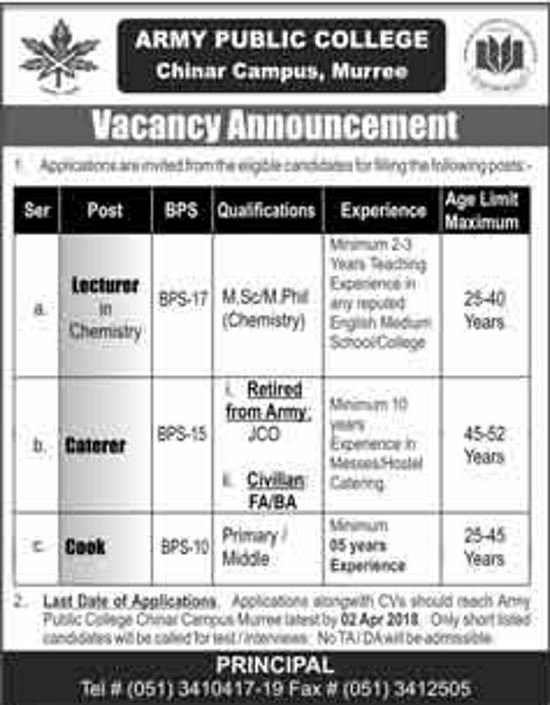 Army Public College Murree Jobs 2018 for Teaching & Non-Teaching Staff Latest Advertisement