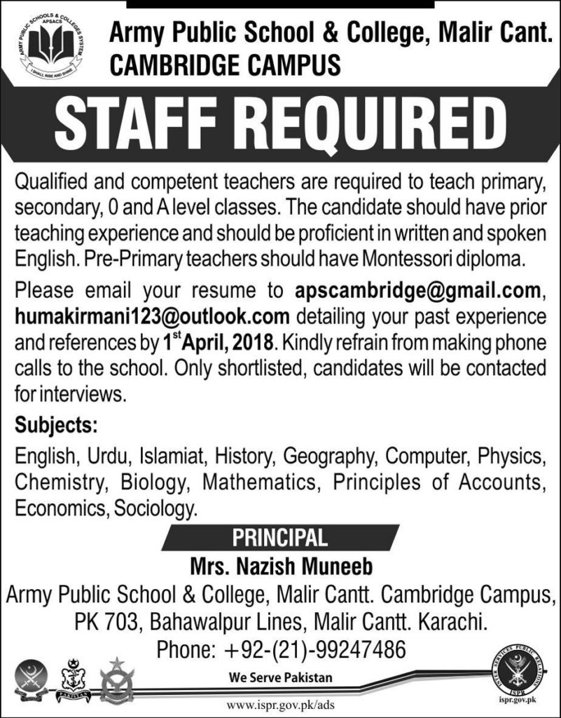 Army Public School & College Karachi Jobs 2018 for Teachers Latest Advertisement