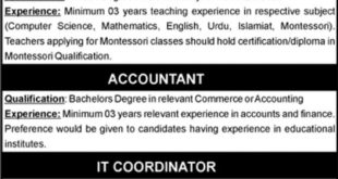 Bahria Foundation Islamabad Jobs 2018 for IT, Accountant and Teaching Staff at Bahria Foundation School Latest Advertisement