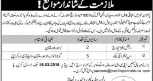 Berlin Petroleum Pakistan Jobs 2018 for Area Sales Executives and Regional Sales Incharge Latest Advertisement