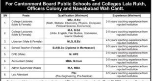 Cantonment Board Public Schools & Colleges (Wah) Jobs 2018 for Admin, Accounts, Librarian, DPE, Teaching & Support Staff Latest Advertisement