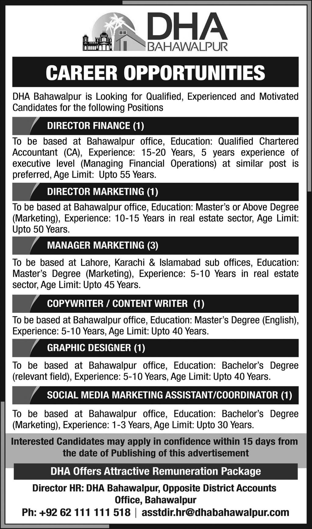 DHA Bahawalpur Jobs 2018 for 8+ Social Media, Marketing, Graphic Designing, Content Writing and Director Finance Posts Latest Advertisement