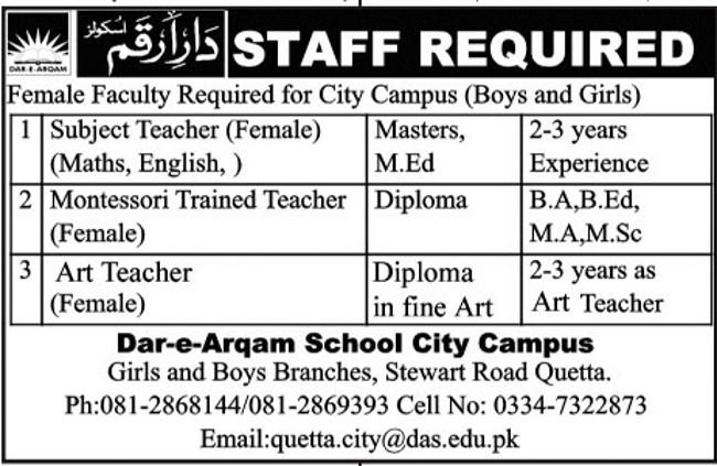 Dar-e-Arqam Quetta Jobs 2018 for Teachers Latest Advertisement