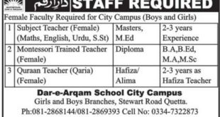 Dar-e-Arqam School Jobs 2018 for Teachers (Quetta) Latest Advertisement