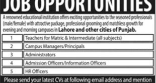 Educational Institute Jobs 2018 for Teachers, Admin, HR & Information Officers (Multiple cities) Latest Advertisement