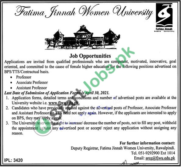Fatima Jinnah Women University (FJWU) Jobs 2021 Latest Advertisement