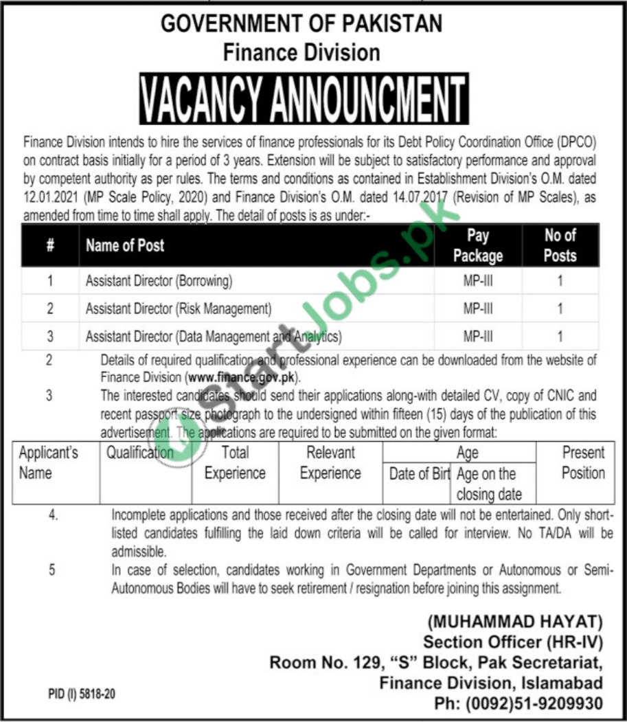 Finance Division Jobs 2021 for Assistant Director (03 Posts)
