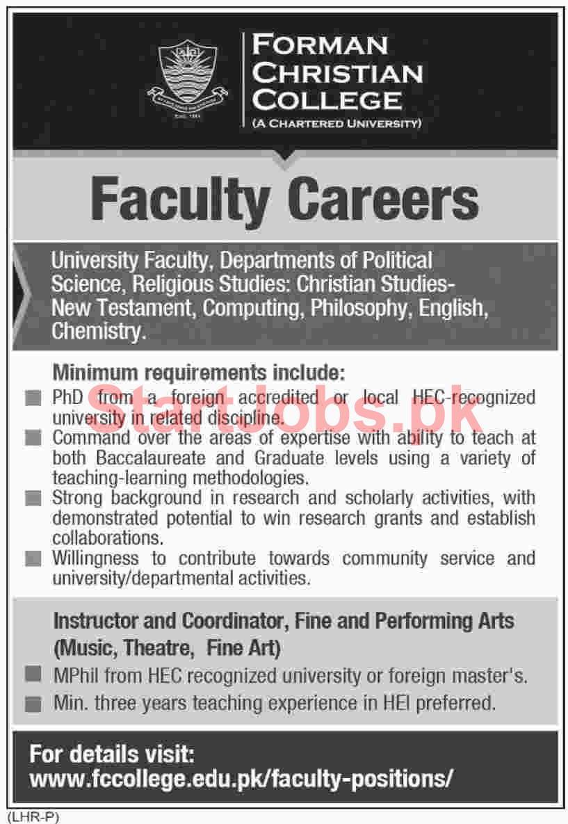 Forman Christian College Jobs 2018 for Teaching Faculty - Apply Online