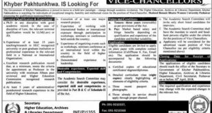 Higher Education, Archives & Libraries Department KP Jobs 2018 for Vice-Chancellor Latest Advertisement