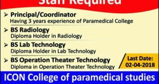 ICON College of Paramedical Studies Jobs 2018 for Principal Coordianator, Lab and BS Posts Latest Advertisement