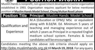Muslim Hands Jobs 2018 for Principal Latest Advertisement