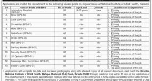 National Institute of Child Health Karachi Jobs 2018 for 47+ Support Staff Latest Advertisement