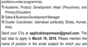 Parwaan NGO Jobs 2018 for Coordiantor, Sales & Business Development Manager and Academic Product Development Head Latest Advertisement