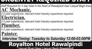 Royalton Hotel Rawalpindi Jobs 2018 for Technical Staff Latest Advertisement