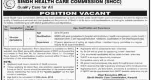 Sindh Health Care Commission (SHCC) Jobs 2018 for Director Complaints Latest Advertisement