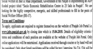 Social Welfare & Baitul Maal Department Punjab Jobs 2018 for Social Welfare Officers Latest Advertisement