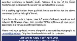 Textile Institute of Pakistan (TIP) Jobs 2018 for Hostel Warden Latest Advertisement