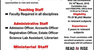 The Reader College Sillanwali Sargodha Jobs 2018 for Administrative, Teaching & Support Staff Latest Advertisement