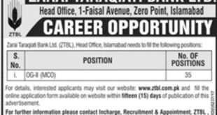 Zarai Taraqiati Bank Ltd (ZTBL) Jobs 2018 for 35+ OG-II Posts Latest Advertisement