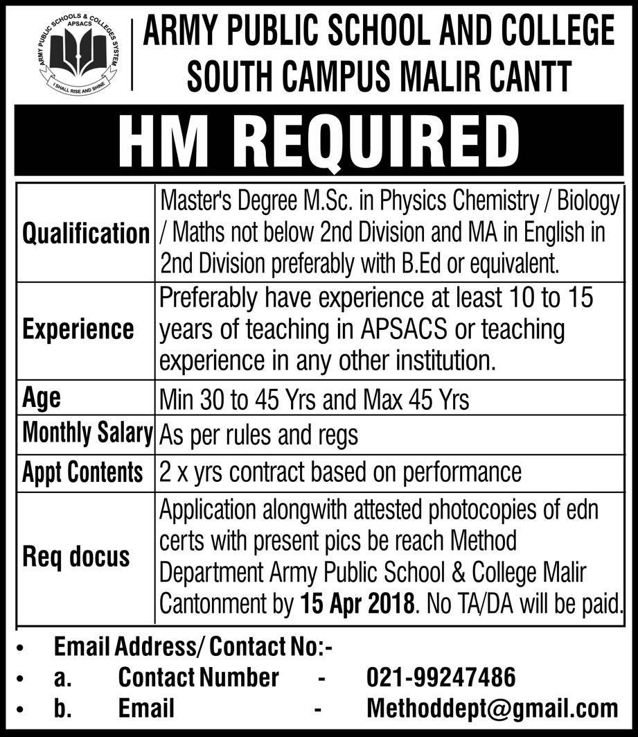Advertisement of Army Public School & College Malir Karachi Jobs 2018 for Headmaster, HM Latest 