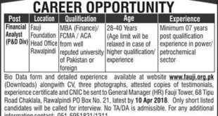 Advertisement of Fauji Foundation Jobs 2018 for Financial Analyst Latest