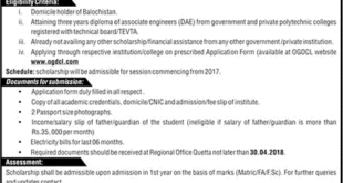 Advertisement of OGDCL Scholarships 2018 April for Balochistan Students Download Application Form Latest