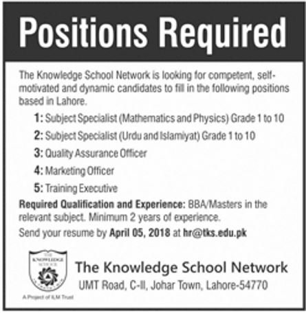 The Knowledge School Network Jobs 2018 For Various Subject Specialists, QA Officer, Marketing Officer & Training Executive Latest 
