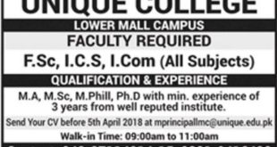Advertisement of Unique College Jobs 2018 For Teaching Staff (Walk-in Interviews) Latest