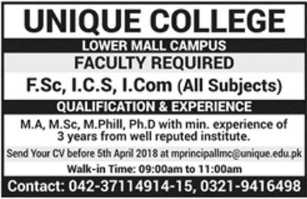 Advertisement of Unique College Jobs 2018 For Teaching Staff (Walk-in Interviews) Latest 