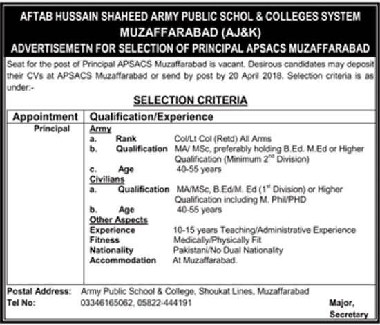 Aftab Hussain Shaheed Public School & Colleges System AJK Jobs 2018