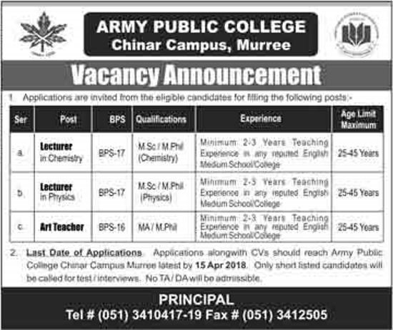 Army Public College Murree Jobs 2018 for Teaching Staff Latest Advertisement