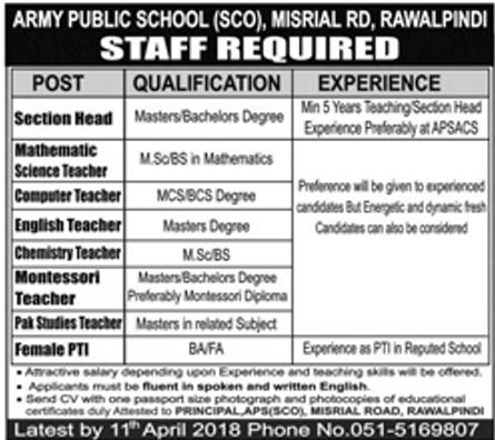 Army Public School Rawalpindi Jobs 2018 for Teaching Staff, Section Head and PTI Latest Advertisement