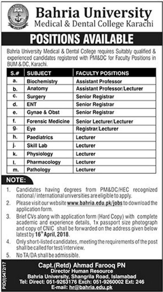 Bahria University Medical & Dental College Karachi Jobs 2018 for Teaching Faculty Latest Advertisement