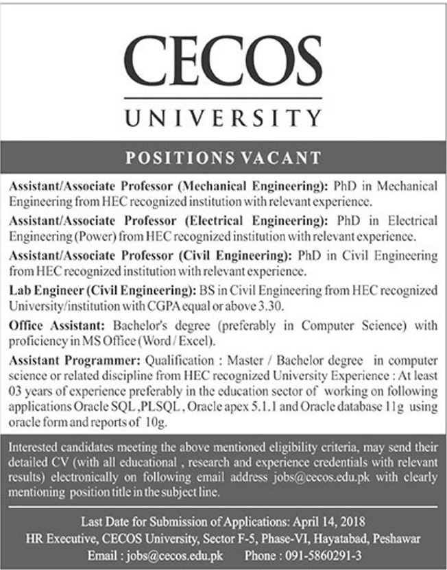 CECOS University Jobs 2018 for Engineering & Teaching Staff, Admin - Apply Online