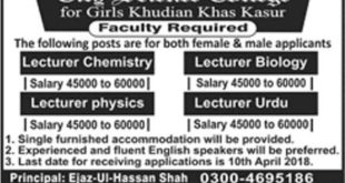 City Science College Kasur Jobs 2018 For Lecturer Posts Latest Advertisement
