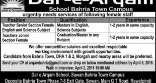 Dar-e-Arqam School Bahria Town Campus Jobs 2018 For Teaching Staff Latest Advertisement